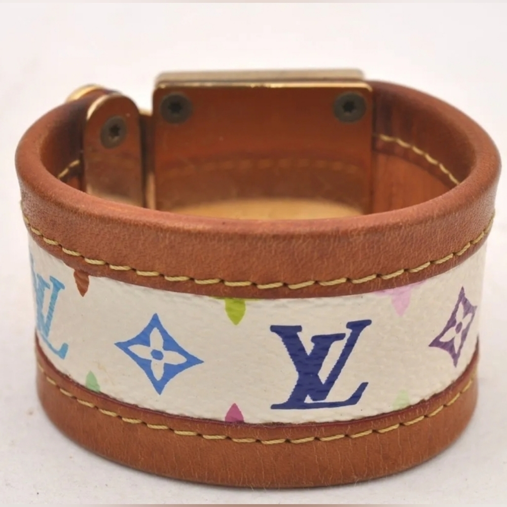 Auth Louis Vuitton Multicolor Monogram White Leather BRACELET LV 7" - Picture 4 of 16